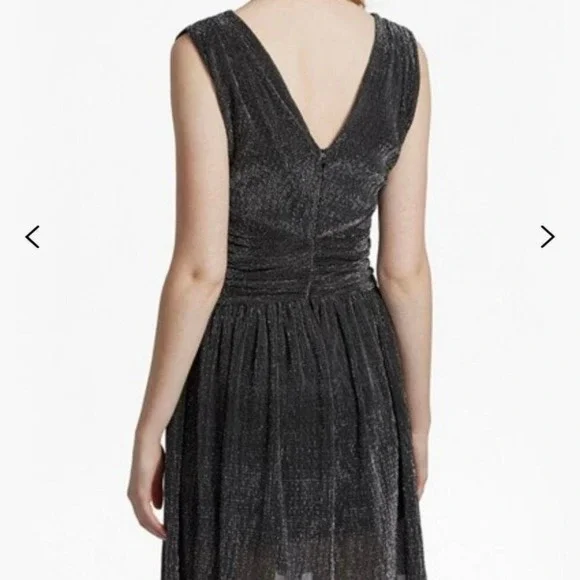 French Connection Marcelle Metallic V Neck Dress Charcoal Silver Size 6 NWT - Picture 2 of 14